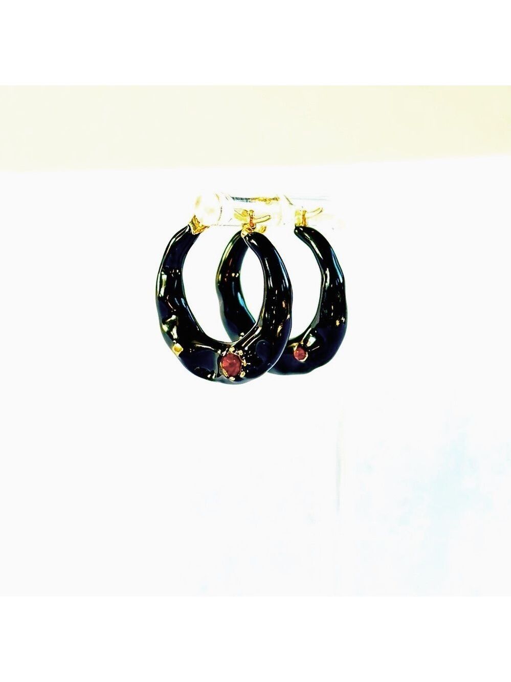 Designer Black Enamel Hoop Earrings Red Gemstone Accent NWT